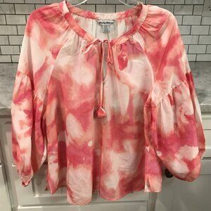 Tommy Bahama Blouse Womens Small Pink Silk Peasant Top Tie Dye Balloon Sleeve